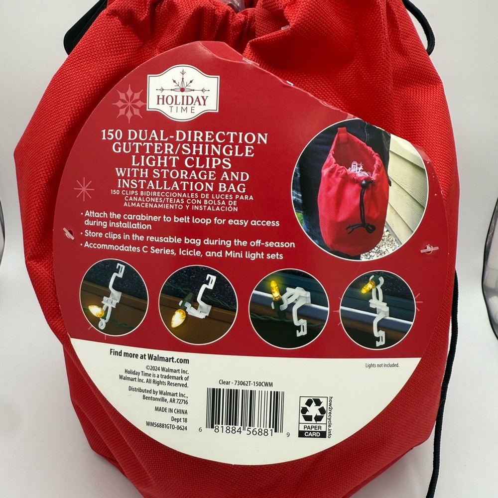 Holiday Time 150 Dual-Direction Gutter Shingle Christmas Light Clips Red Bag New